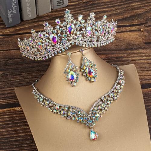 KMVEXO Gorgeous Crystal AB Bridal Jewelry Sets Fashion Tiaras Crown Earrings Necklaces Set Women Wedding Party Dress Jewelry Set