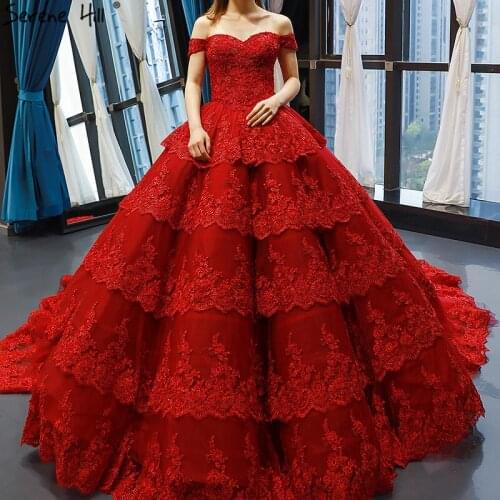 Wine Red Lace Tiered Vintage High-end Sexy Wedding Dress 2020 Off Shoulder Bridal Gowns Real Photo HM66786 Custom Made