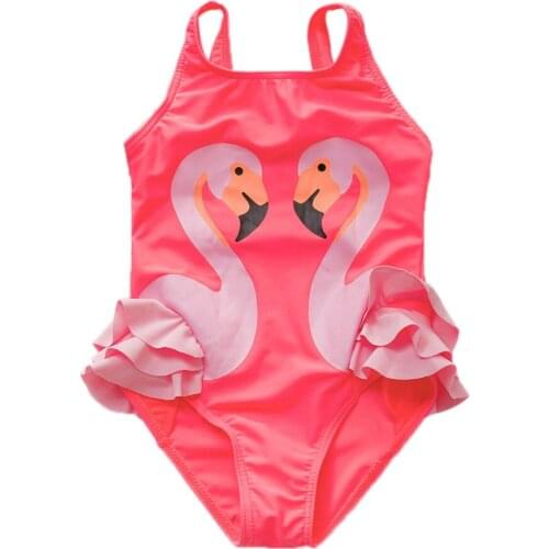 2-8 Years Girl Swimsuit Pink Flamingo Animal Print Children Swimwear Ruffle Sleeveless Swimsuits For Girl One Piece Bathing Suit