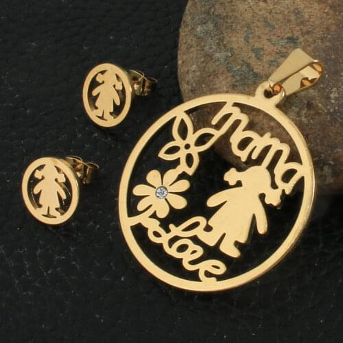 Fashion Round Style Stainless Steel Jewelry Sets For Women Gold Color Pendants And Earrings SFAZBBBC