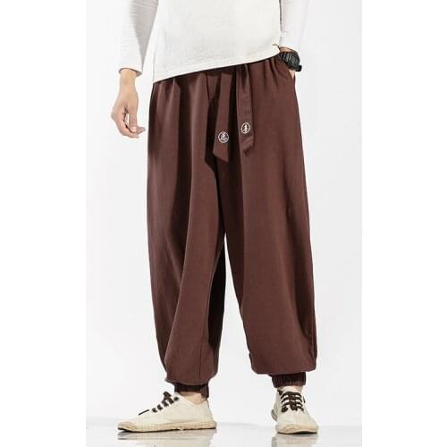 2021 Men Cotton Linen Harem Pants Mens Baggy Jogging Pants Chinese Style Crotch Wide Leg Pants Casual Male Loose Trousers