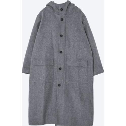 Mens woolen coat hooded woolen coat winter loose BF retro college wind long woolen coat large size coat