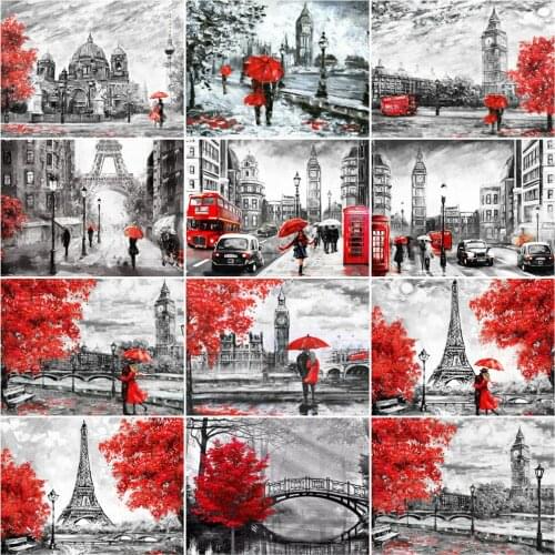 AZQSD Diy Frame Painting By Number Street Landacape Drawing On Canvas Paint By Numbers Black And RedKits Modern Wall Art Gifts