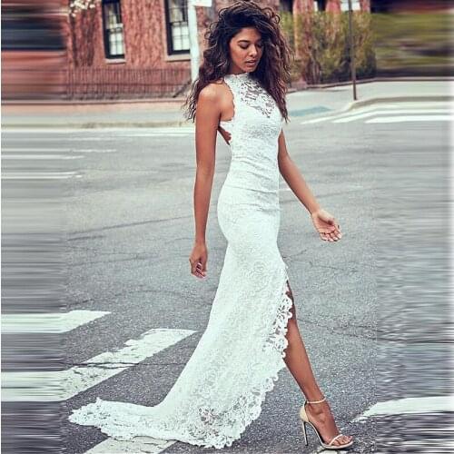 2021 New Summer Round-necked Lace Sleeveless Gown Slim Floor-length White Dress Women Fashion Clothing Sheath One-Shoulder