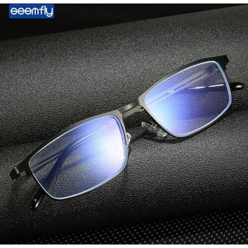 Seemfly 2021 Ultralight Anti Blue Light Reading Glasses Men Business Metal Frame Hollow Temple Hyperopia Prescription Eyeglasses