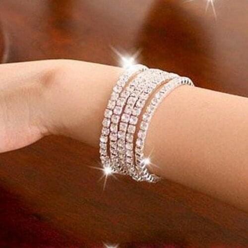 Single Row Rhinestone Shining Silver Plated Elastic Bracelet Fashion Crystal Bracelets Jewelry Wholesale