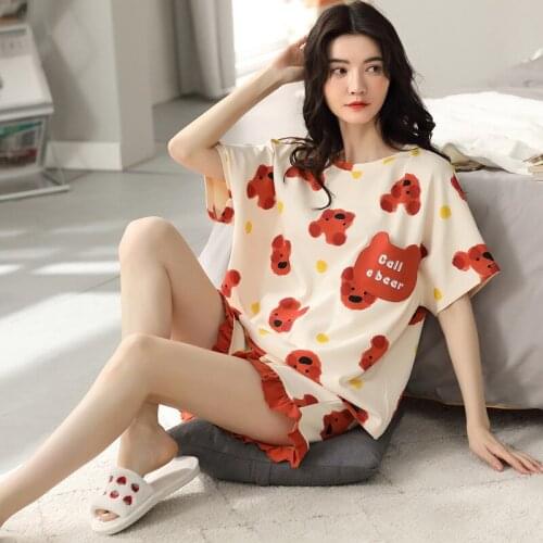 Summer Cotton Cartoon Pajamas Sets Women Pyjamas Sleepwear Nightwear Pijama Calf-Length Pants Homewear Comfort Fashion Pijamas