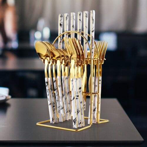 Stainless steel tableware 24-piece clip handle marble Western food four-piece set main tableware rack gift box set products