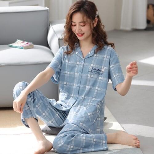 Simple Plaid Pajamas Womens Cotton Short-Sleeved Sleepwear Set Lapel Cardigan Spring Summer Loose Students Home Clothes 3XL