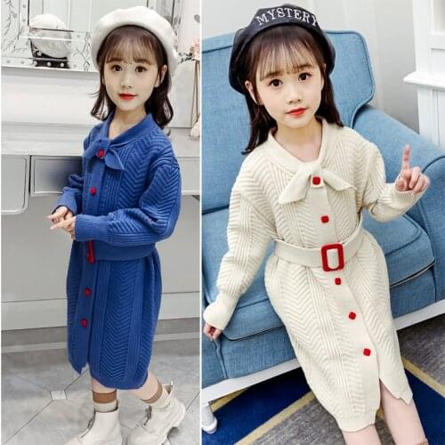 Girls woolen dress 2020 Spring&Fall clothes Princess sweater dress Winter thickened Knit with belt Fashion knitted onepiece