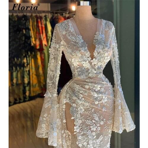 Fairy Flowers Prom Dresses Mermaid Long Sleeves Arabic Evening Dresses Long Sexy Women Celebrity Dresses Formelle Robes Custom