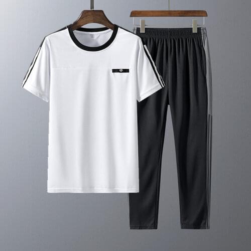 Tracksuit Male 2020 Summer Men Clothing Sportswear Set Solid Color Men trousers + T shirt Quick Drying Mens Suit 2 Pieces Sets