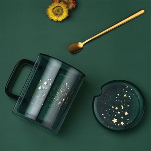 Glass Starry Sky Double Layer Teacup Creative Heat Insulated Cute Water Cup with Lid and Spoon Office Milk Coffee Mug Drinkware