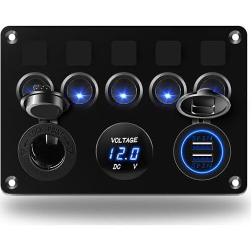 5 Gang LED Switch Panel 12V Power Outlet 4.2A USB Charger Digital Voltmeter Toggle Switch Control For Boat Camper Marine RV