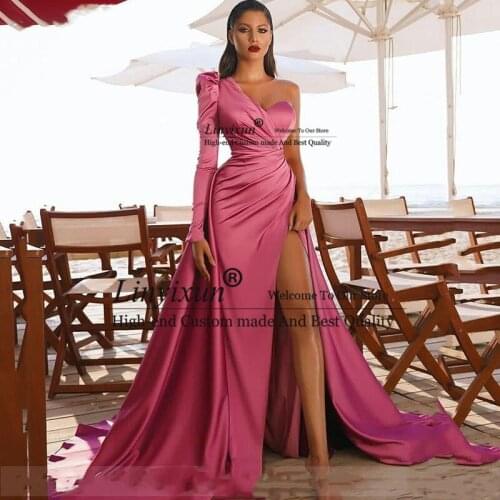 One Shouldr Hot Pink Evening Dress Mermaid Long High Side Split Prom Dresses New Arrival Celebrity Dresses Custom Made