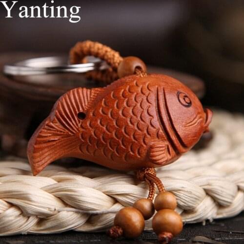 Yanting Cute Fish Pendant Keychain Peach Wood Fish Vintage Charms New Christmas Gift Car Key Chain Women Men Jewelry 014