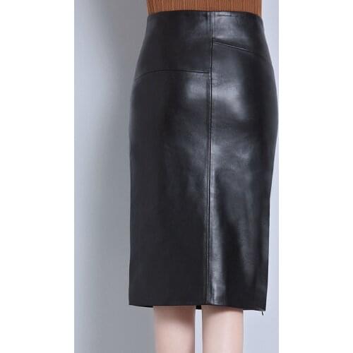 Womens Genuine Leather Skirt Real Natural Skeepskin High Waist Black Office Ladies Work Wear Pencil Midi Skirts Plus Size 4XL