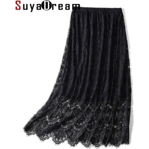 SuyaDream Long Lace Skirt Woman 100%Silk Lining Elastic Waist Black Chic Skirts 2021 Spring Solid Dress