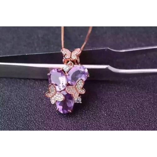 Natural amethyst Pendant natural Purple crystal pendant necklace S925 silver personality Butterfly flowers Women fine jewelery