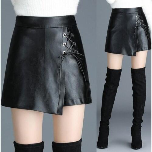 Fall Winter Fashion Womens Black Pu Leather Irregular Shorts Skirts , Female Woman Slim 4xl Lace Up High Waisted Shorts Skirt
