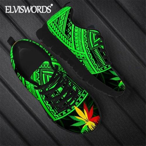 ELVISWORDS Jamaica Weed With Vintage Tribal Pattern Womens Casual Flat Shoes Stylish Air Mesh Sport Sneaker Ladies Running Shoe