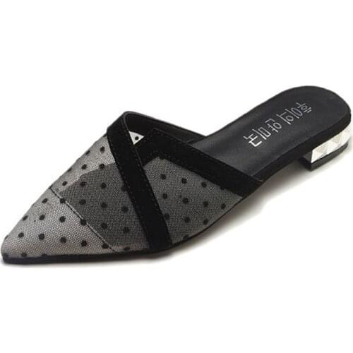 Fashion Slippers Female Summer Wear 2021 New Korean Version Of Wild Pointed Half Slippers Net Yarn Wave Point Baotou