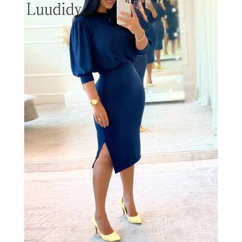 Women Summer Puff Sleeve O-neck Top & Slit Skirt Set