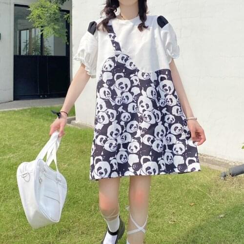 Sweet Girl Stitching Cartoon Dresses Women Summer 2021 New Puff Sleeve O-Neck Mini Dress Vestidos Casual Kawaii Cute Girly Dress