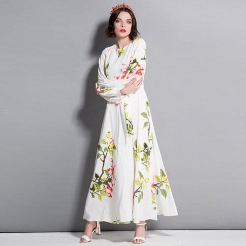 Fashion 2021 Runway Spring Casual White Womens Long Sleeve Flower Floral Print Sashes Holiday Midi Elegant Dress