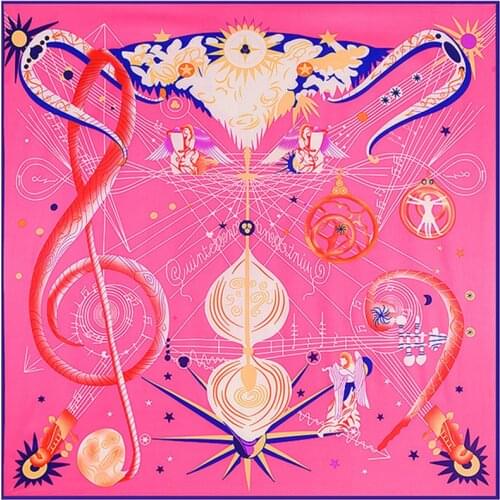 POBING 100% Silk Scarf Women Large Shawls Music Note Print Stoles Square Scarves Bandana Kerchief Scarf Female Foulards 130CM