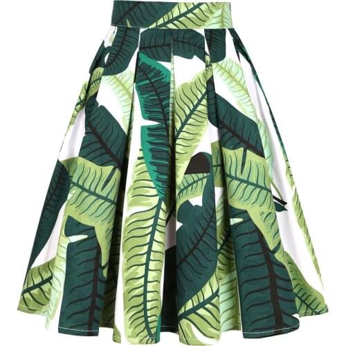 2021 High Waist Floral Rockabilly Pleated Skirts Womens Summer Red Green Women Vintage Skirt Midi Plus Size Clothing SS0012