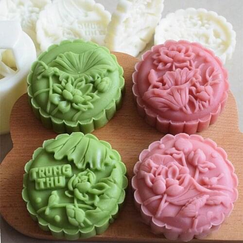 DIY 3D Mooncake Mould Set Lotus Leaf and Lotus Patterns Moon Cake Moulds Press Safe Cookie Molds for Mid-Autumn Festival