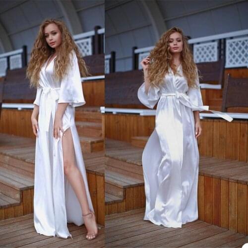 White Women Sleepwear Side Split Satin Bathrobe Custom Made Middle Sleeves Floor Length Sleep Gowns