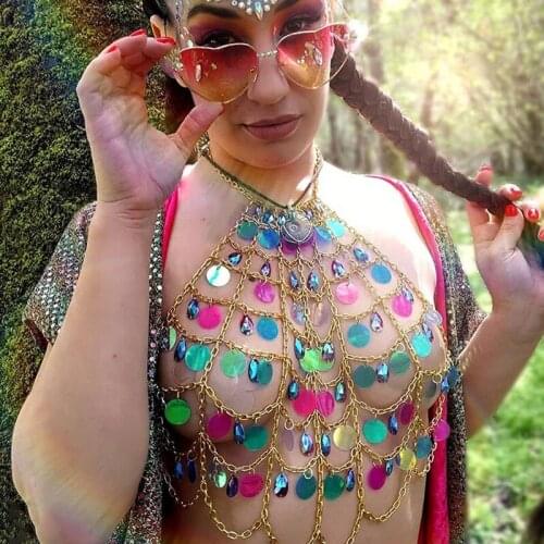 Boho Laser Sequins And Rhinestones Body Harness Chain Elegant Luxurious Festival Rave Stage Costumes Women Gothic Sexy Lingerie