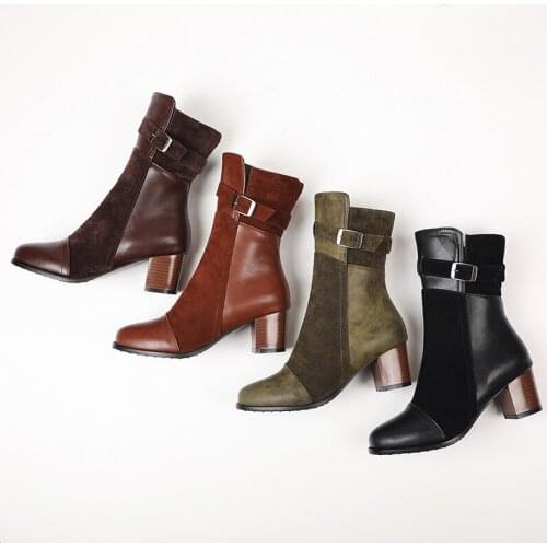 YMECHIC 2020 Autumn Winter Ladies Vintage Block High Heels Boots Patchwork Black Green Brown Knight Riding Booties Womens Shoes