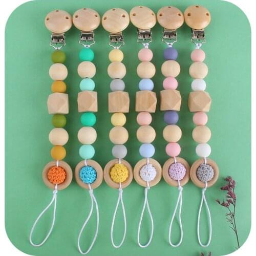 Baby Pacifier Chain Clip Holder For Newborn Wooden Clamp Nipple Chain Wooden Clip Crochet BPA Free Silicone Teether Chain Toys