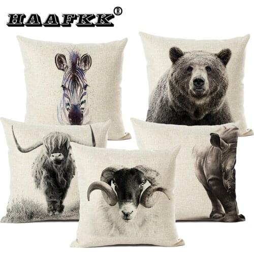 Animal portrait cushion cover, lion, tiger and bear pattern, home living room sofa decorative pillow, children’s gift 45x45cm