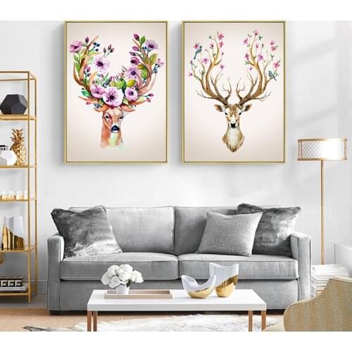 Flowers Above Head Branches Deer Vintage Background Picture Poster Canvas Print Painting Wall Art Living Room Home Decoration