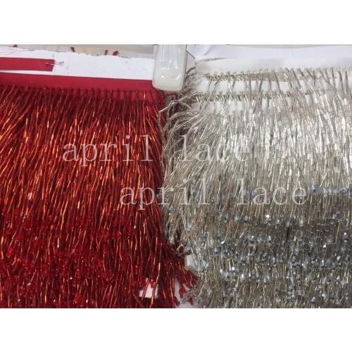 DX013# 10 yards /bag 9-10cm width red/silver beads ribbon fringe tassel for garment/decorative/wedding dress