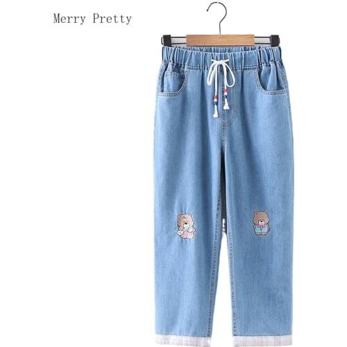 Jeans Women 2020 Summer Cartoon Bear Embroidery Denim Pants Boyfriends Mom Jeans Elastic Waist Denim Trousers Slouchy Jeans