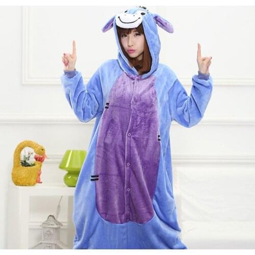 Blue Donkey Animal Cosplay Costume Onesie Hoodie For Adult Women Men Halloween Holiday Party Flannel Full Length