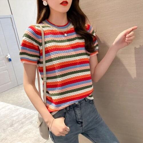 GIGOGOU Summer color stripe Women T Shirt Fashion Knitted Short Sleeves Top O Neck Basic Female T-shirt