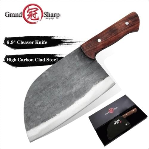 Grandsharp Handmade Chinese Cleaver Butcher Kitchen Knife Full Tang Chef Cooking Tool Vegetable Meat Canvas Scabbard Gift Box