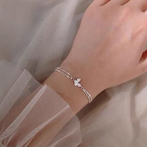 Exquisite Simple Fashion 925 Sterling Silver Cubic Zirconia Butterfly Double Layer Charm Bracelet For Women Trendy Party Jewelry