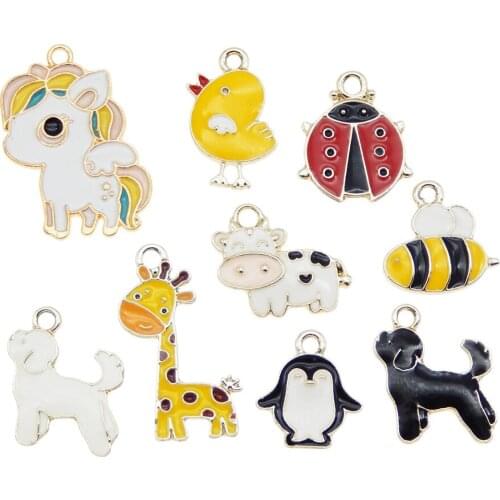 Julie Wang 9pcs Enamel Ladybug Bee Dog Charms Alloy Mix Animal Pendant For Bracelet Earrings Jewelry DIY Making Accessory