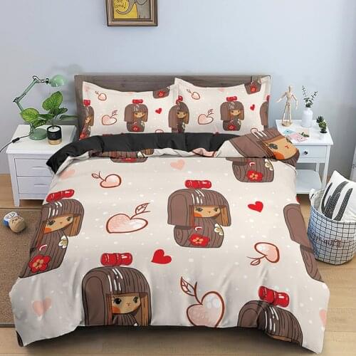 Japanese Doll Pattern Bedding Set Duvet Cover Pillowcase King Queen Twin Size Bed Sets 2/3pcs