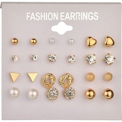 Korean Pop Simple Fashion Heart Inlaid Crystal 12 Pairs of Earrings For Women Geometric Metal Stud Jewelry Wholesale