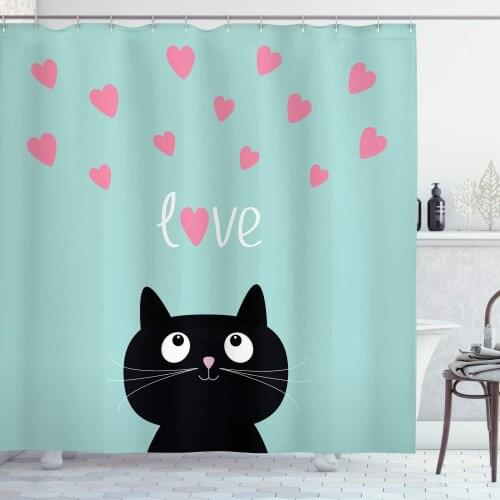 Seafoam Pink Black Valentines Shower Curtain Kitty Heart Cat Companions Kids Children Illustration Bathroom Curtain