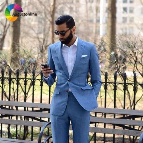 Custom Made Blue Men Suits Wedding Groom Tuxedos 2 Piece Jacket Best Men Suits with Pants Groomsmen Blazers Prom