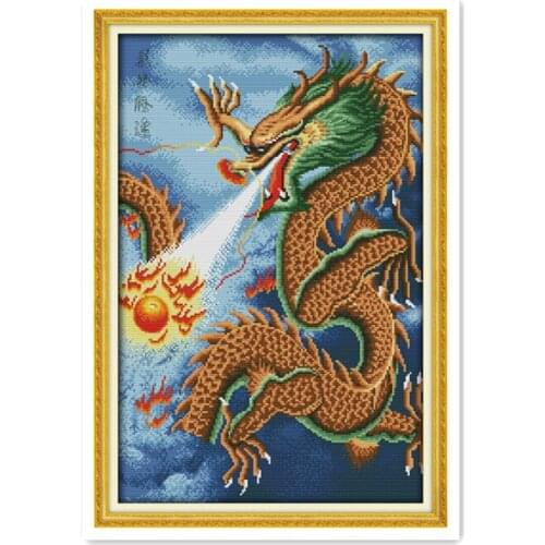 Joy Sunday Animals Chinese Dragon DMC Embroidered Cross-stitch Kits Flying Yellow Tengda Dragon Pattern Manual Embroidery